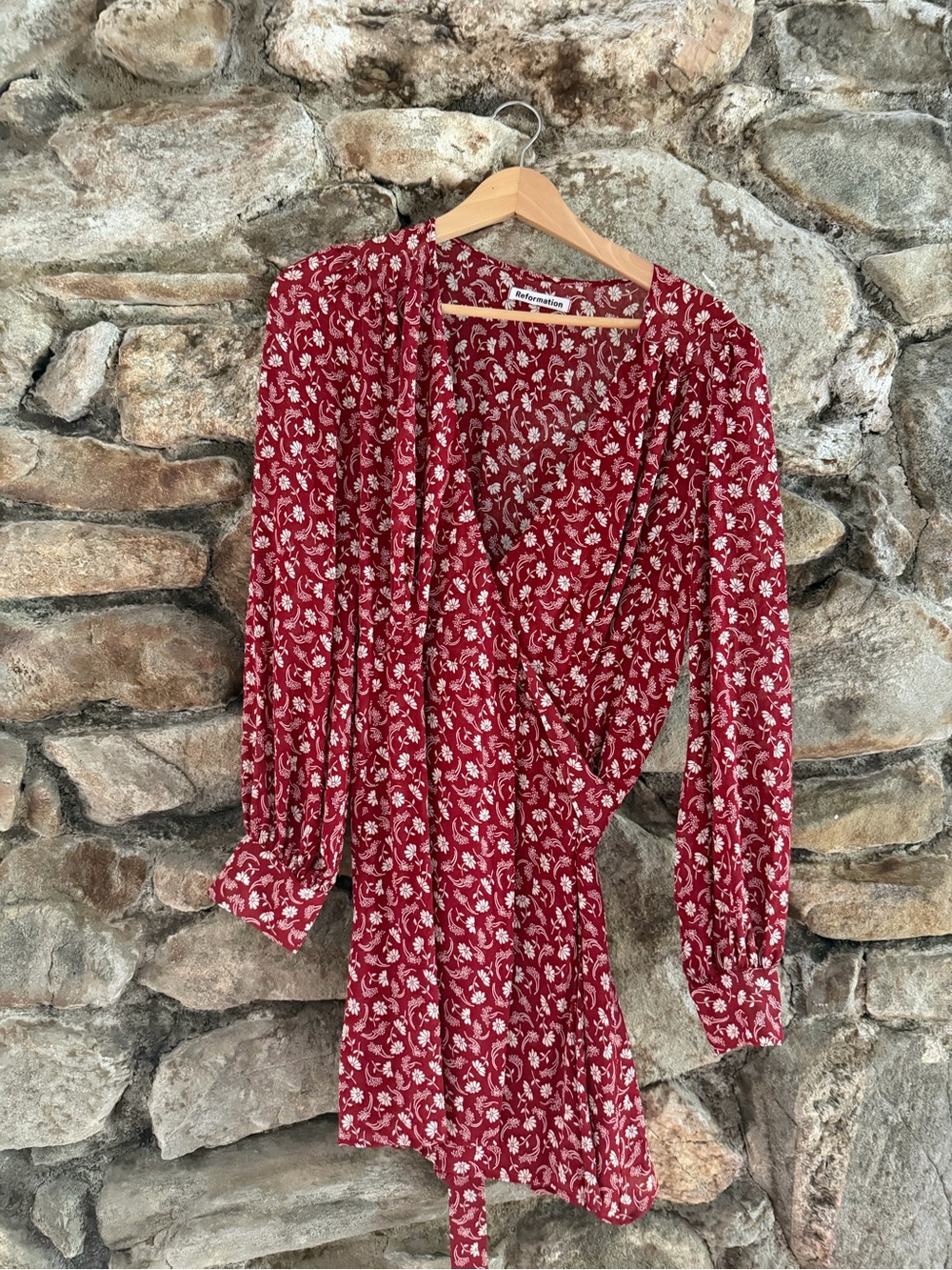 Reformation Red Floral Long Sleeve Wrap Dress - Picture 2 of 5